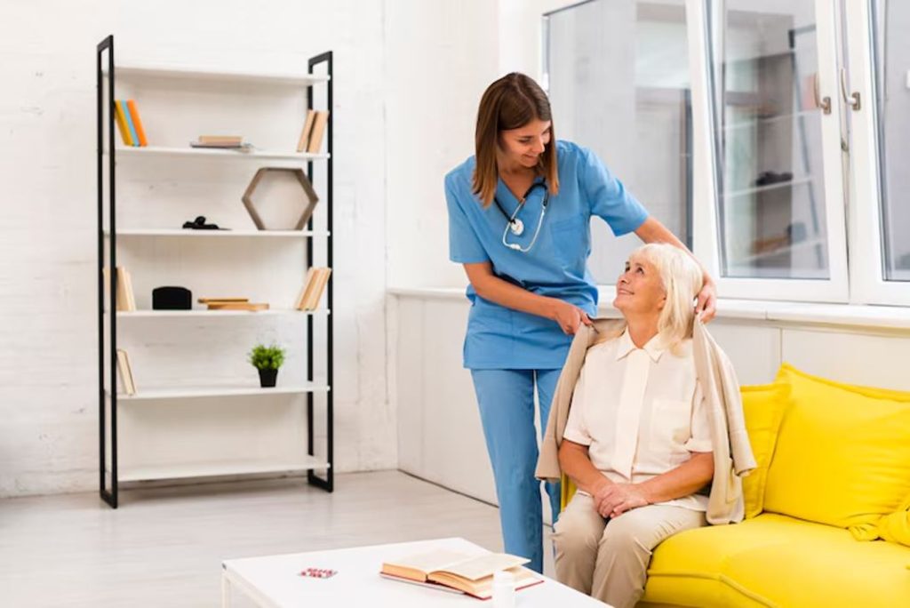 Nurse assisting elderly patient indoors